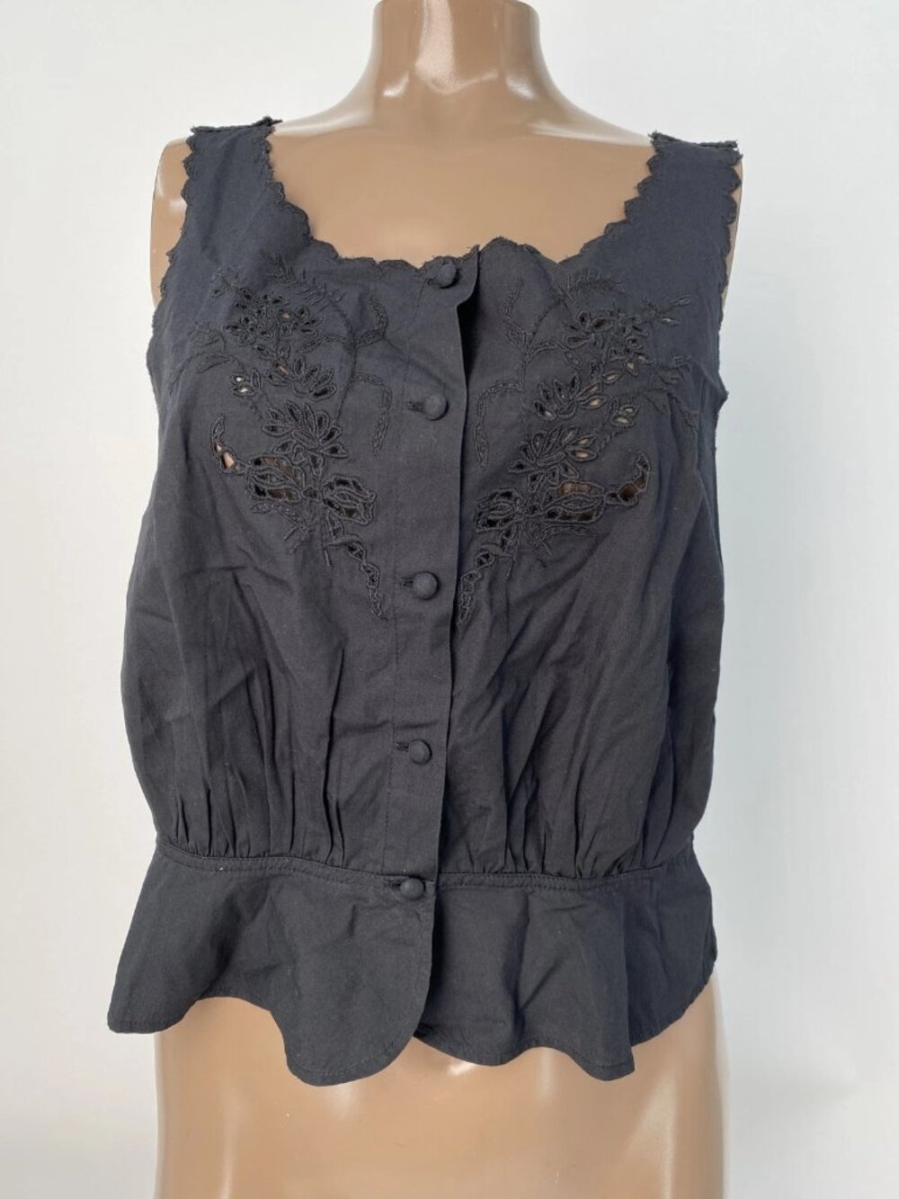RE/DONE Womens Blouse Tank Top Black Size S Jerry Embroidered Cotton Sleeveless